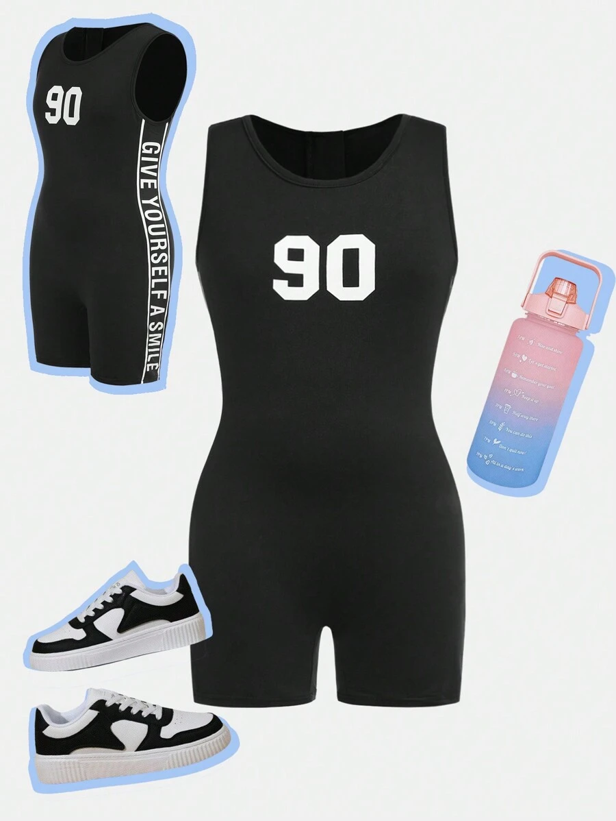 Tween Girls' Sleeveless Letter Graphic Breathable Fitted Romper Shorts - Black - View 1