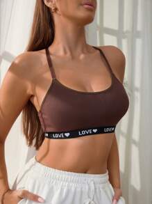 女士纯色简约风格图案背面字母条纹舒适文胸 - 咖啡棕 - 查看 3