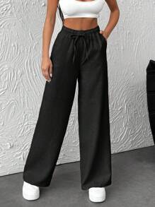 RueChic Women Elastic Waist Band Wide Leg Pants - Black - View 3