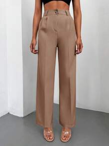 EURMUSE Solid Slant Pocket Straight Leg Suit Pants - Camel - View 3