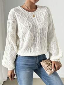 Chiquease 女士圆领长袖纹理粗针织宽松毛衣