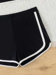 青少年女孩夏季海滩撞色边饰吊带背心和平角短裤度假比基尼两件套 - 黑色 - 查看 4