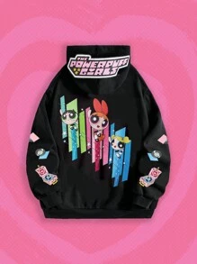The Powerpuff Girls | ROMWE 女士休闲卡通字母印花插肩袖宽松抽绳连帽拉链运动衫，春秋季，校园 - 黑色 - 查看 1