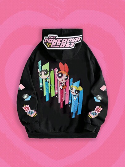 The Powerpuff Girls | ROMWE Sudadera con capucha de cierre de mujer casual con manga raglán, estampado de dibujos animados y letras, cordón ajustable, para primavera y otoño, uso escolar