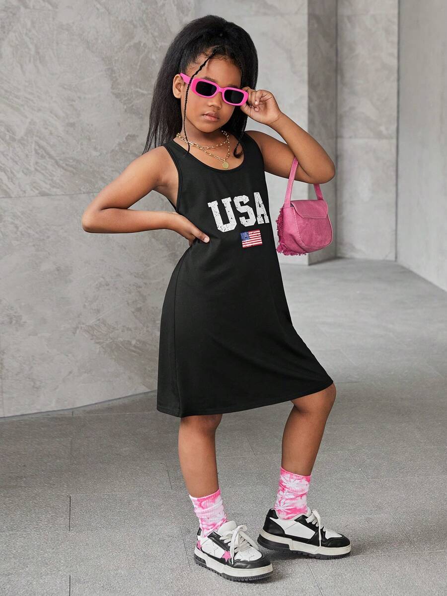 SHEIN Tween Girls Extended Size Casual Pullover Letter Print Knit Dress