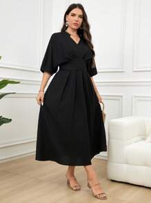 Mulvari Plus Size Women's Summer Solid Color Notched V-Neck Bat Short Sleeve Long Elegant Dress