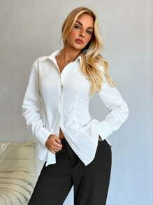 Aloruh بلوزة طويلة الأكمام بأزرار وظهر عاري لون أحادي للنساء