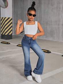 SHEIN Tween Girls Y2K Floral Embroidery Bootcut Flare Leg Jeans,Girls Summer Clothes Back To School Streetwear Outfits