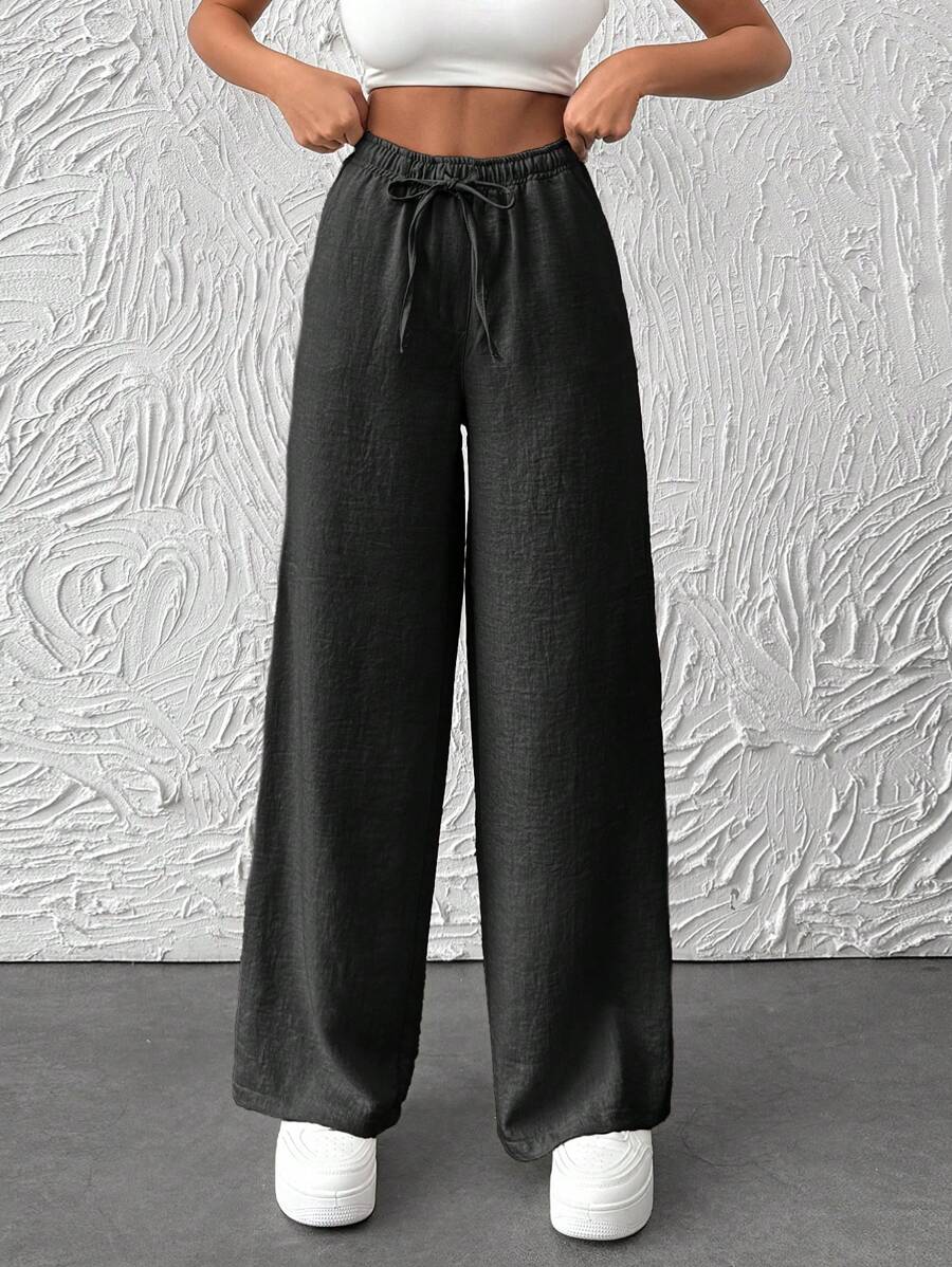 RueChic Women Elastic Waist Band Wide Leg Pants - Black - View 1