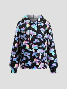 Flirla Black Fluorescent Mushroom Digital Print Hoodie Sweatshirt With Kangaroo Pocket And Drop Shoulder Casual Sports Wear,Long Sleeve Tops