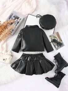 Conjunto de 2 piezas de chaqueta con cremallera y falda de unicolor para bebés niñas