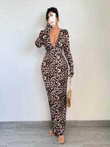 SHEIN SXY Outfit für den Herbst Kleider mit langen Ärmeln und tiefem V-Ausschnitt mit Leoprint für Damen - Verschiedenfarbig - Übersicht 5