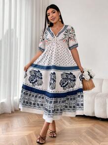 SHEIN Clasi Plus Size Women's Positioning Print Long Dress - Blue and White - View 4