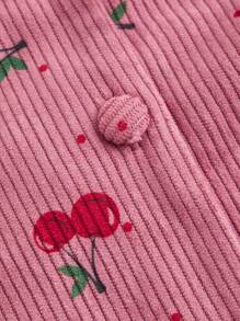 SHEIN MOD 灯芯绒翻领樱花印花公主线短袖衬衫裙，春夏 - 藕粉色 - 查看 3