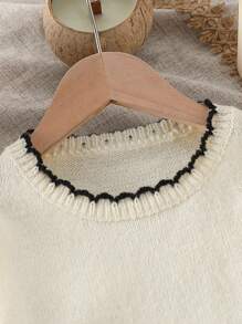 少女优雅休闲圆领白色开衩下摆毛衣，不对称下摆针织上衣，秋季新款 - 杏色 - 查看 3