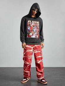ROMWE MEN THE FLASH X ROMWE Sudadera con capucha holgada, de caída de hombro, con impresión de héroes y letras de anime, para primavera y otoño, para hombres - Negro - Ver 7