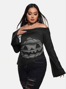 Mystic heart Artist Plus Size Y2K Halloween Pumpkin Print Long Sleeve T-Shirt, Women Top, For Holiday, Going Out, Festival, Graphic Tee - Black - View 5