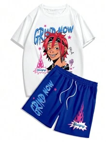 Manfinity EMRG 2pcs Men Cartoon Printed Crew Neck Short Sleeve T-Shirt And Shorts Set - Multicolor - View 2