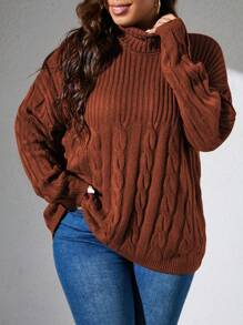 Plus Size Solid Color Casual Turtleneck Long Sleeve Fall Sweater, For Winter Knit Pullover - Redwood - View 1