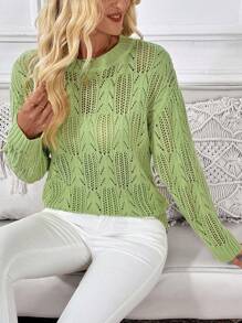SHEIN LUNE Suéter holgado de mujer de manga larga, verde, con perforaciones