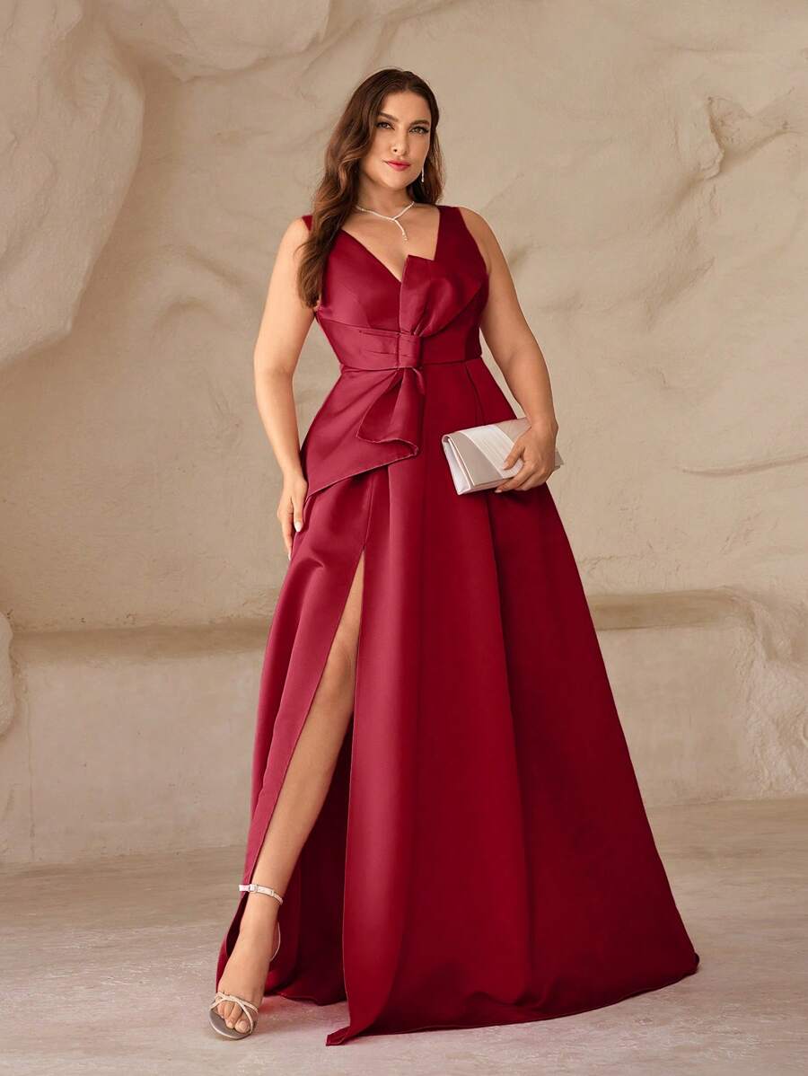 SHEIN Belle 大码深 V 领高开叉蝴蝶结礼服，优雅晚礼服