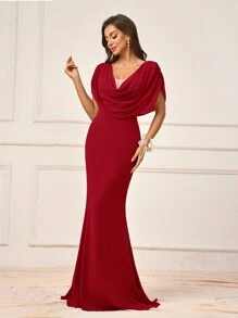 SHEIN Belle Women's Simple & Conservative Chiffon Cowl Neck Design Mermaid Formal Dress, Suitable For Wedding, Mother's Day, Bridesmaid, Elegant Dress