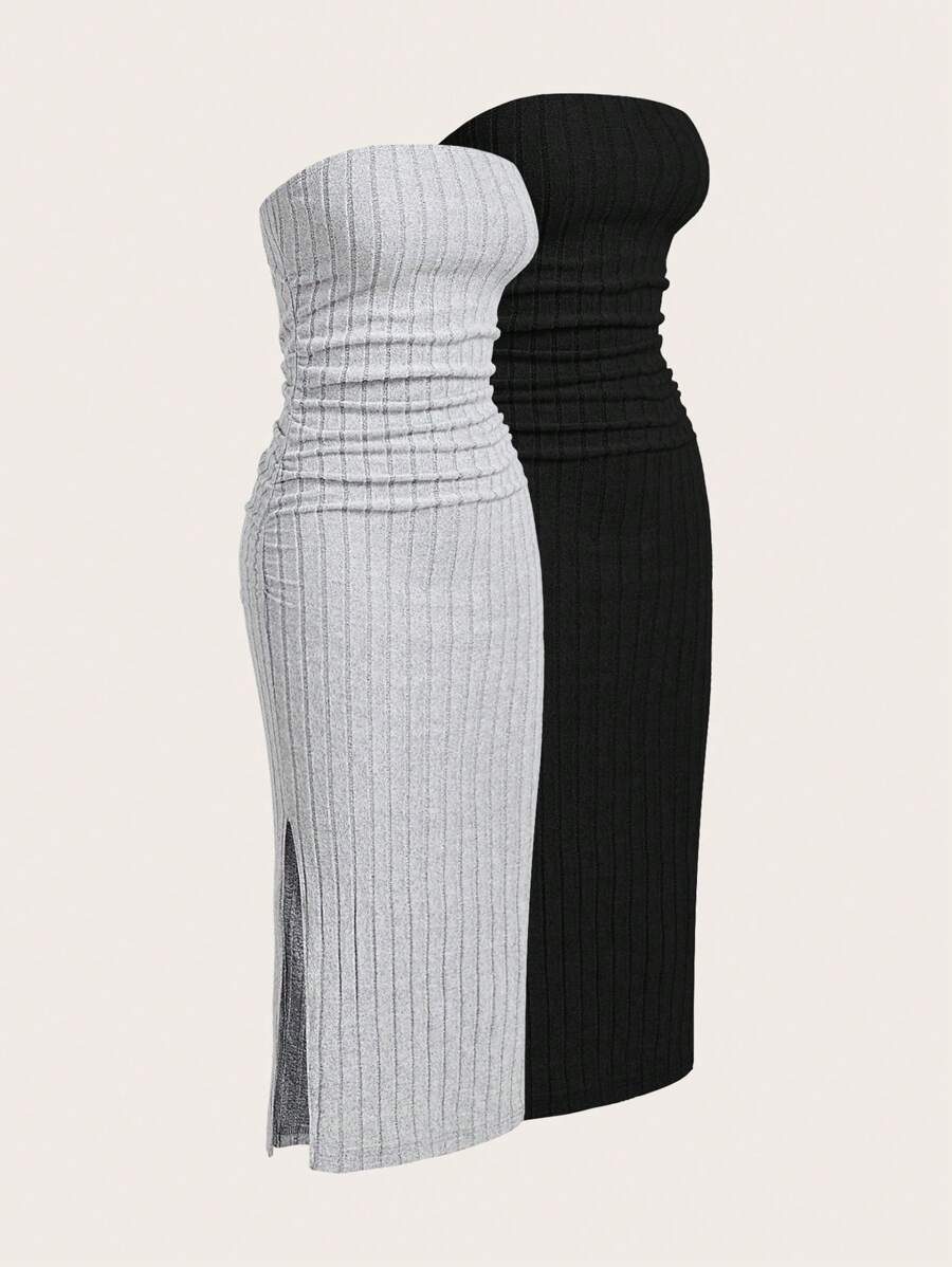 SHEIN EZwear 2 件套女士夏季纯色罗纹抹胸连衣裙套装 - 彩色 - 查看 1