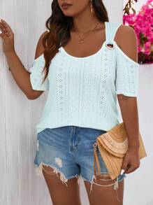 SHEIN LUNE Plus Size Women Metal Decor Jacquard Blouse - Blue - View 4