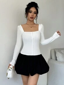 Chiquease Summer Elegant Low Waist Contrast Color Block Long Sleeve Dress - Black and White - View 3