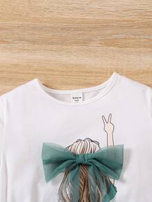SHEIN 2 cái/bộ dành cho các cô gái trẻ dệt kim Hình cô gái dệt kim đồ họa lưới nơ cổ tròn áo thun thun & túi giấy trang phục quần short thắt lưng, mùa hè, đi học lại, mặc hàng ngày - Nhiều màu - Xem 6