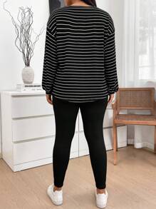 SHEIN LUNE Plus Size Fall Women Black & White Striped 2-Piece Set: Striped T-Shirt & Leggings, Casual Sports Workout Set Women Clothing Sets Airport Women Outfits Outfit Sets Two Pieces Piece Set Travel Outfit Airport