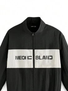 NEON BLANC 男士街头风格编织拼色拉链立领夹克，适合秋冬季 - 黑色 - 查看 6