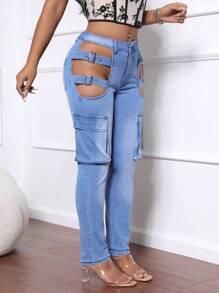 SHEIN SXY Enfärgade enkla, slitna Casual Jeans för kvinnor - Blå - Visa 5