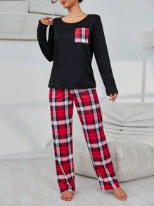 Women Round Neck Long Sleeve Contrast Color Top & Plaid Casual Pants Pajama Set, Fall Winter Clothes Cozy And Elegant Details