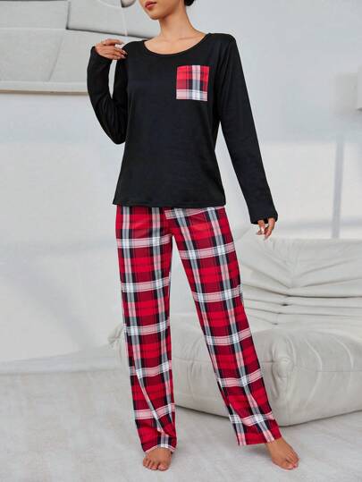 Women Round Neck Long Sleeve Contrast Top Plaid Pants Pajama Set, Fall Clothes Cozy Elegante view 4