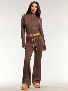 Forever 21 Women Drawstring Waist Casual Colorblock Flare Pants - Rusty Rose - View 3