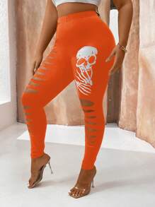 Allurite Plus Size Women Skull Print Ripped Skinny Leggings - Orange - View 3