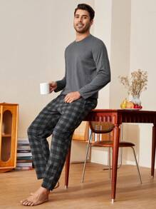 2pcs Men's Solid Color Crew Neck Long Sleeve T-Shirt And Plaid Pants Casual Pajama Set  Cozy And Elegant Details, Fall Winter Clothes
