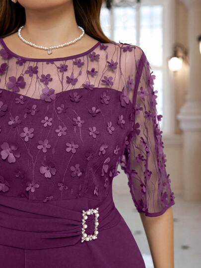 SHEIN Clasi Plus Size Mesh Splice Banquet Fashion Dress