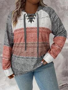 SHEIN PETITE CURVE Sudadera con capucha suave y de color block con cordones en las mangas largas, para uso casual diario en tallas grandes
