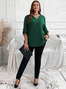 EMERY ROSE Camisa de Plus Size Casual Verde com Gola Virada e Manga Enrolada, Roupas de Primavera, Outono e Inverno - Verde - Visão 5