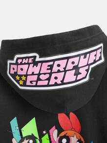 The Powerpuff Girls | ROMWE 女士休闲卡通字母印花插肩袖宽松抽绳连帽拉链运动衫，春秋季，校园 - 黑色 - 查看 2