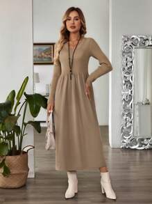 EMERY ROSE Women's V-Neck Knit Waist-Cinched Flared Long Sleeve Sweater Dress, Autumn/Winter Fall Women Clothes Office Dress - Brown - View 3
