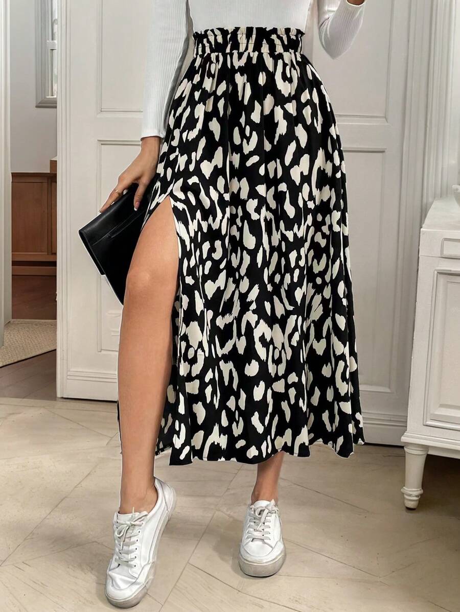 SHEIN Frenchy Allover Leopard Print Split Thigh Skirt Winter Casual Spring - Multicolor - View 1