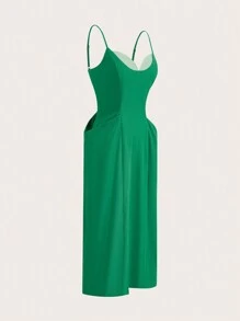 SHEIN LUNE 女式纯色简约日常口袋吊带连衣裙 - 綠色 - 查看 3