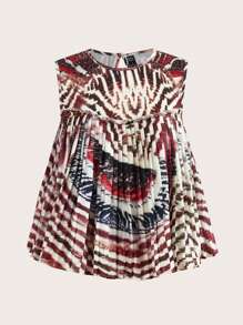 SHEIN LUNE Women's Casual Vacation Butterfly Wing Geometric Placement Print Pleated Sleeveless Satin Loose Round Neck Top - Multicolor - View 5