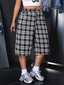 SHEIN ICON Plus Size Women's Plaid Wide Leg Loose Six-Point Jeans With Pockets