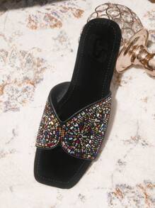 CUCCOO TILAWA New Women Outdoor Flat Sandals, Pointed Toe Fashion Rhinestone Black Velvet Slippers, Soft Bottom Casual Comfortable Summer Party Office Shoes Spring Shoes - Black - View 7