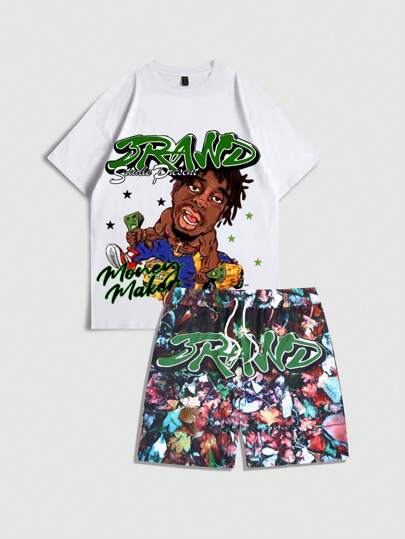 Street Life 2pcs Men's Printed Short Sleeve T-Shirt And Shorts Set, Suitable For Spring And Summer