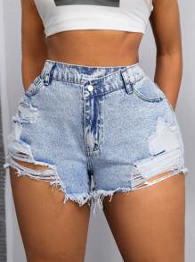 SHEIN SXY 加大尺碼輕微磨損牛仔短褲 - 淺色水洗藍 - 查看 3